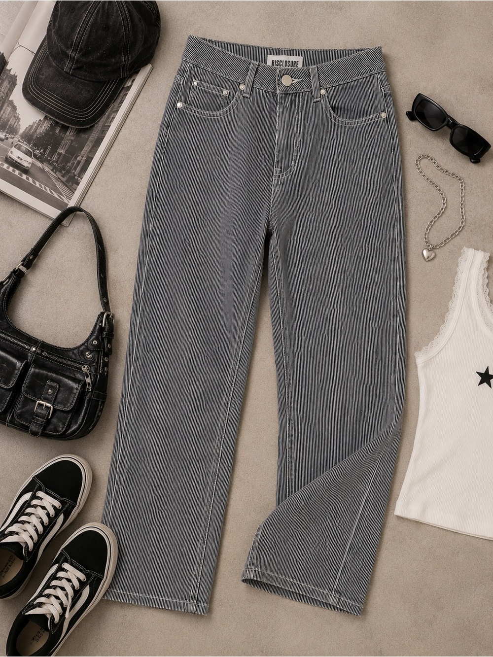 Disclosure Black White Pinstripe Straight Leg Jeans Y2K Grunge Women's Size 5/27